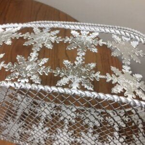 Vintage Large Silver Metal Christmas Basket with Snowflakes
